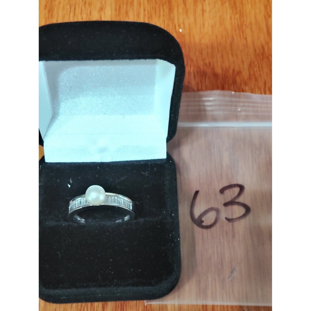 925 Crown Mark Faux Pearl Baguette CZ Accent Ring Size 9.5 Womens Sterling